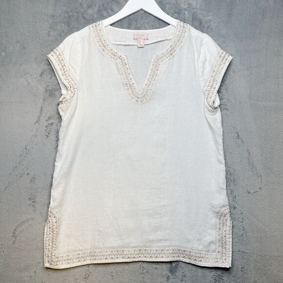 Saint Tropez West Linen Metallic Embroidered Pop Over Blouse Top White Gold Sz M - Picture 1 of 8
